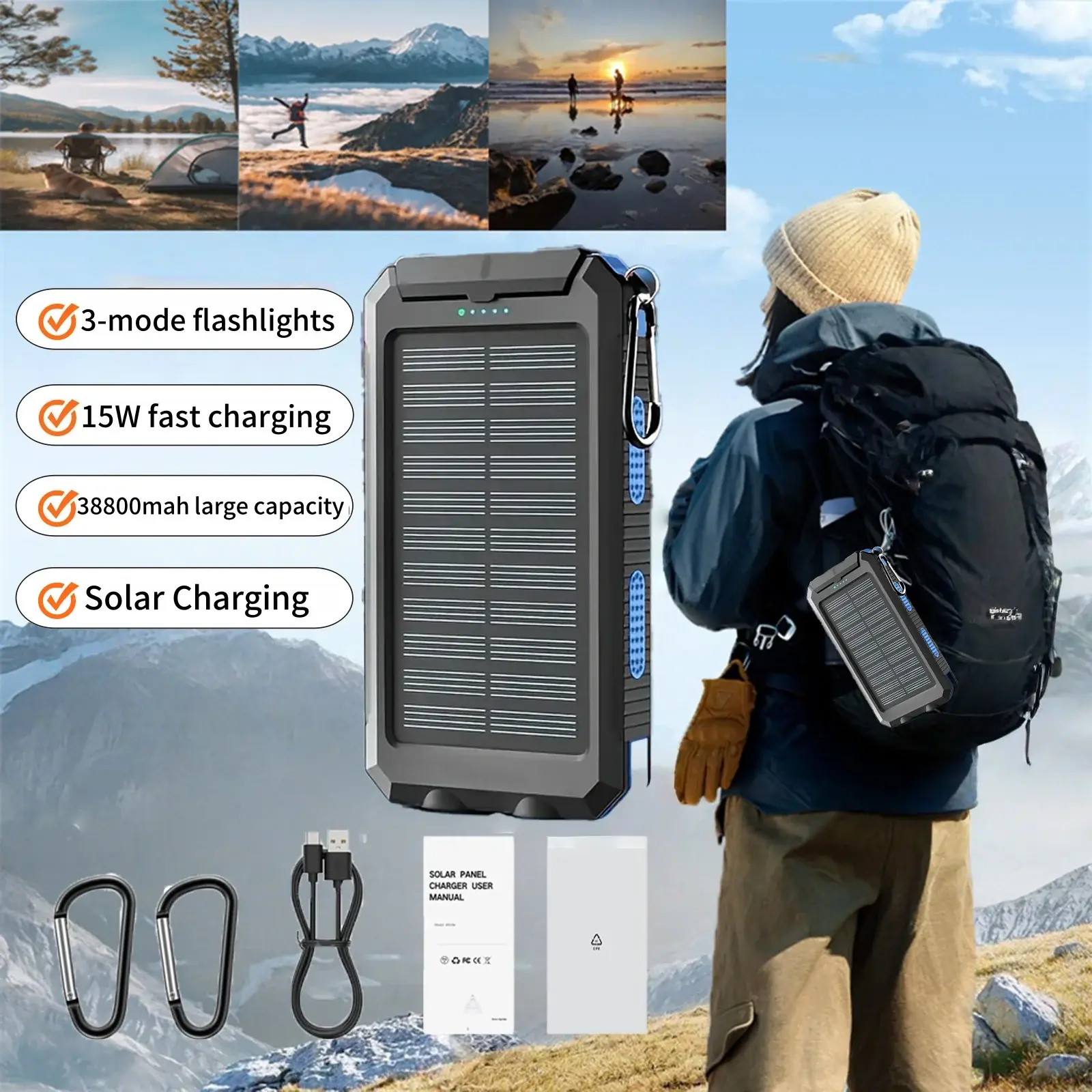 Waterproof Outdoor Solar Power Bank 38800mAh Dual USB Travel Outdoor Solar Mobile Phone Charger Solar Powerbanks For Camping My Store