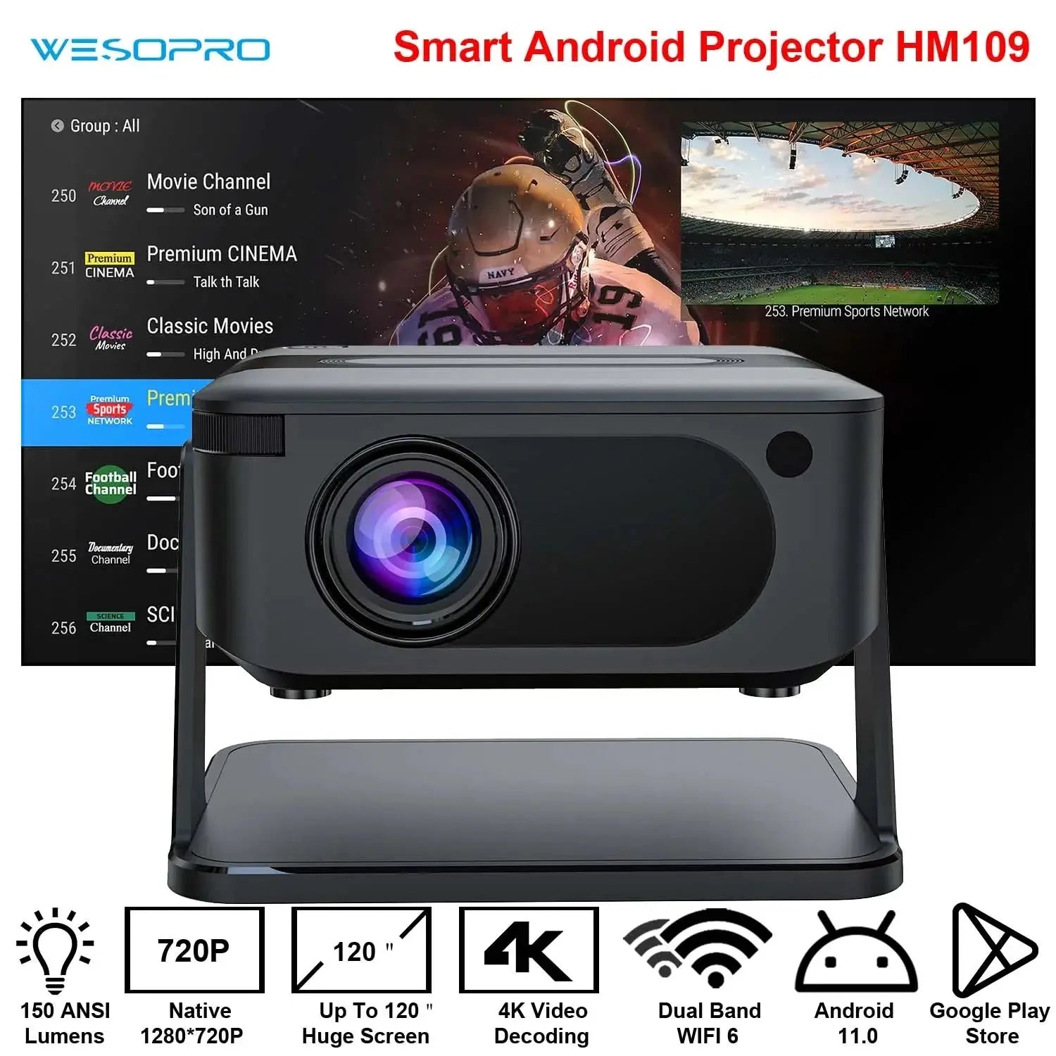 WESOPRO Mini Projector Smart 4K Portable with Wifi 6 Bluetooth 5.0 Android 11 Automatic Keystone for Home Theater Entertainment My Store